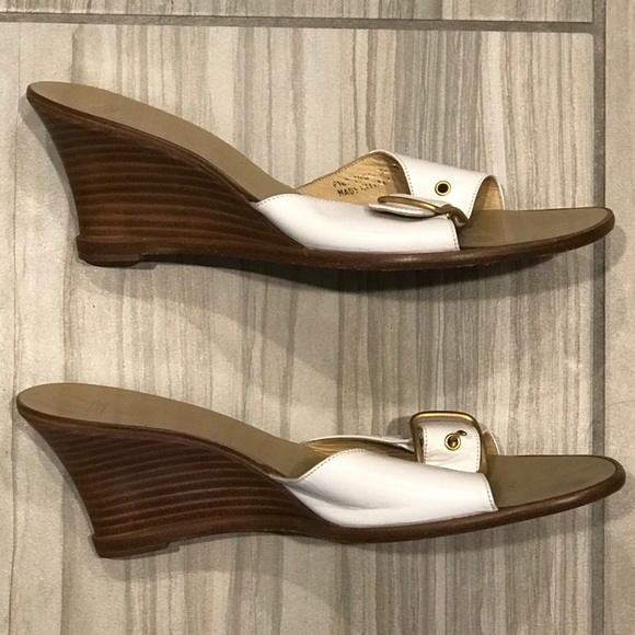 Coach White Wedge Sandals with Gold Buckle - Picture 2 of 4